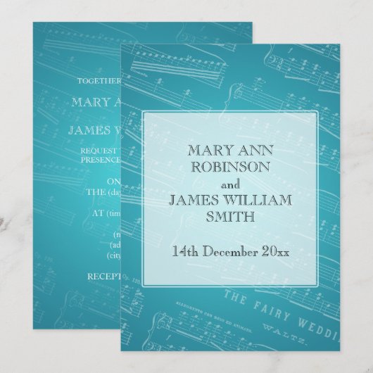 Elegant Wedding Sheet Music Blue Kaart (Voorkant / Achterkant)