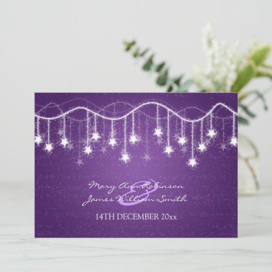 Elegant Wedding Shimmering Stars Paars Kaart (Staand voorkant)
