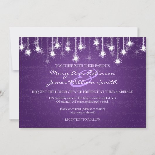 Elegant Wedding Shimmering Stars Paars Kaart (Achterkant)