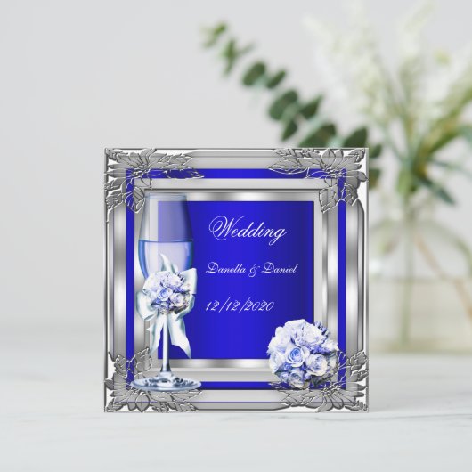 Elegant Wedding Silver Blue Floral Rozen Kaart (Staand voorkant)