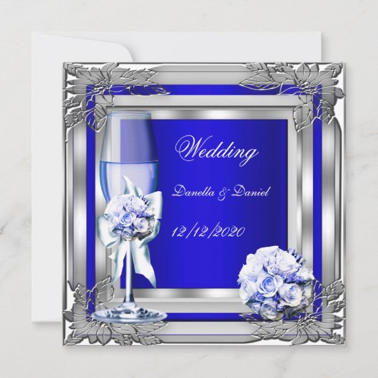 Elegant Wedding Silver Blue Floral Rozen Kaart (Voorkant)