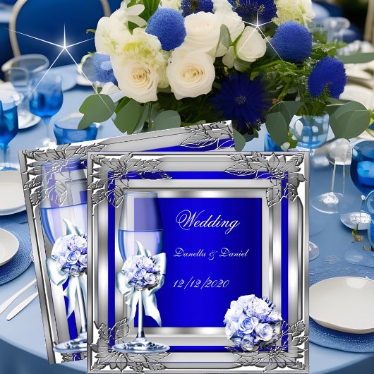 Elegant Wedding Silver Blue Floral Rozen Kaart