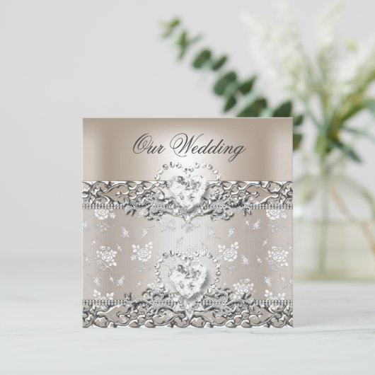 Elegant Wedding Silver Cream Diamond Heart Kaart (Staand voorkant)