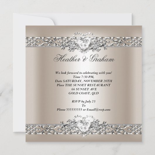 Elegant Wedding Silver Cream Diamond Heart Kaart (Achterkant)