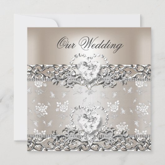 Elegant Wedding Silver Cream Diamond Heart Kaart (Voorkant)