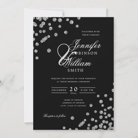 Elegant Wedding Silver Glitter Confetti Black Kaart (Voorkant)