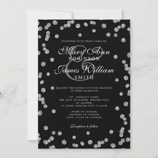 Elegant Wedding Silver Glitter Confetti Black Kaart (Voorkant)
