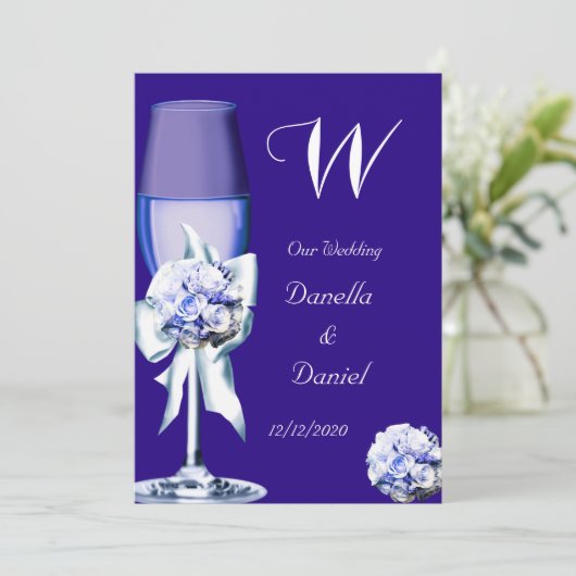 Elegant Wedding Silver Navy Blue Floral Rozen Kaart (Staand voorkant)