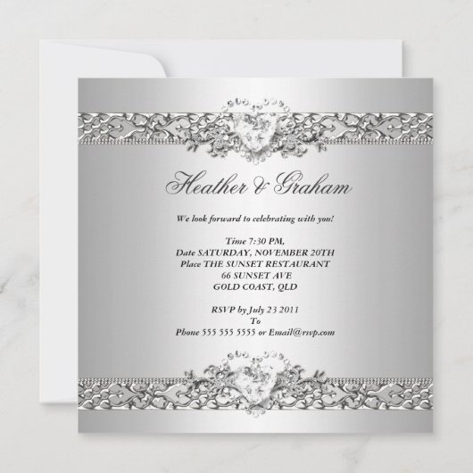 Elegant Wedding Silver White Diamond Heart Kaart (Achterkant)