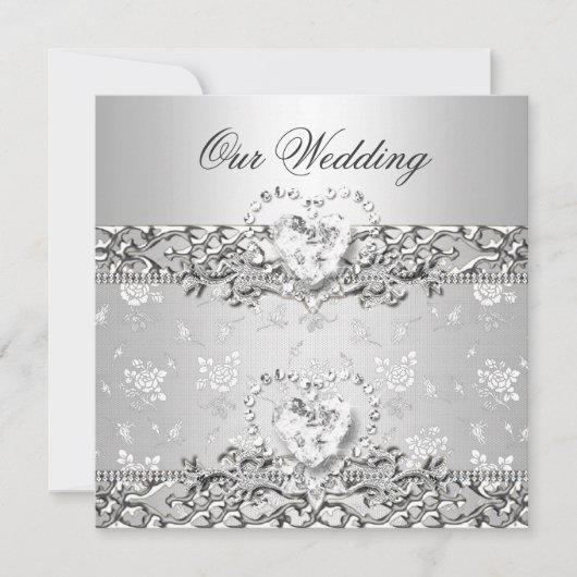 Elegant Wedding Silver White Diamond Heart Kaart (Voorkant)