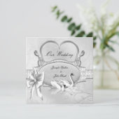 Elegant Wedding Silver White Swans Heart Bow Kaart (Staand voorkant)