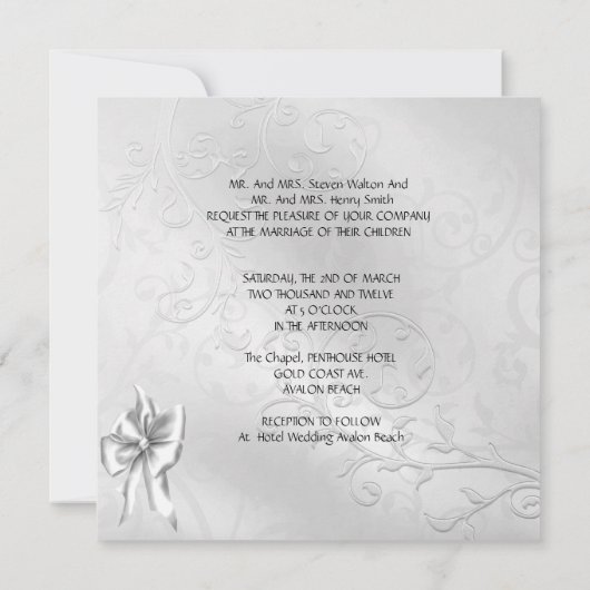 Elegant Wedding Silver White Swans Heart Bow Kaart (Achterkant)