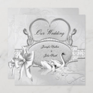 Elegant Wedding Silver White Swans Heart Bow Kaart