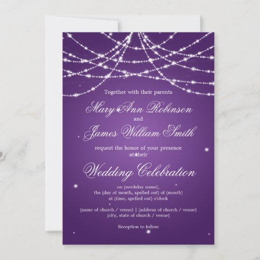 Elegant Wedding Sparking String Paars Kaart (Voorkant)