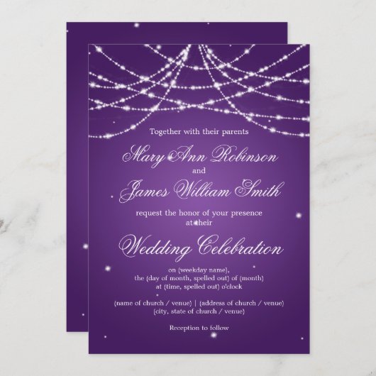 Elegant Wedding Sparking String Paars Kaart (Voorkant / Achterkant)