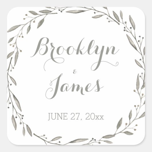 Elegant Wedding Stickers Gray Floral Wreath (Voorkant)