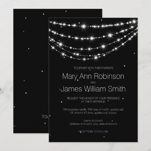 Elegant Wedding String Stars Black Kaart (Voorkant / Achterkant)