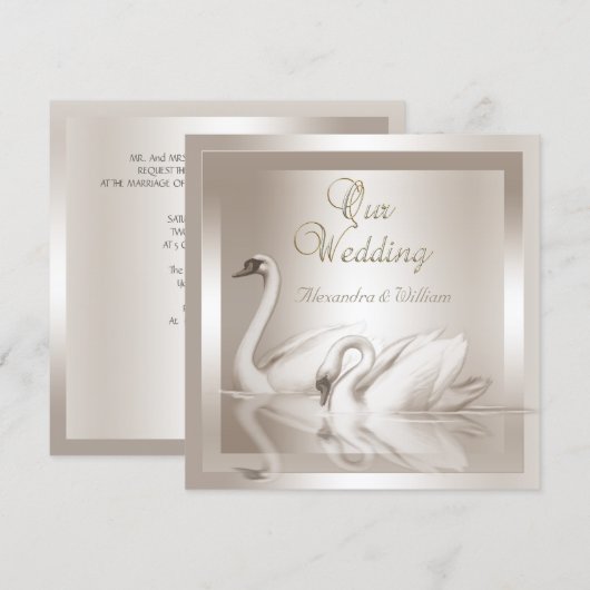 Elegant Wedding Swans Damask Cream White Kaart (Voorkant / Achterkant)