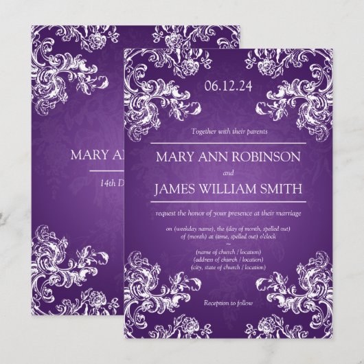 Elegant Wedding  Swirls 2 Paars Kaart (Voorkant / Achterkant)