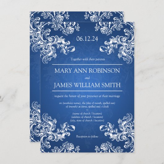 Elegant Wedding  Swirls 2 Sapphire Blue Kaart (Voorkant / Achterkant)