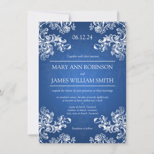 Elegant Wedding  Swirls 2 Sapphire Blue Kaart (Voorkant)