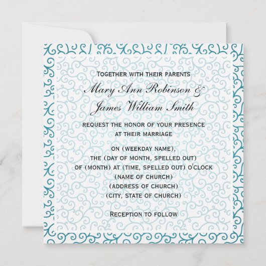 Elegant Wedding Swirls Pattern Aqua Blue Kaart (Achterkant)
