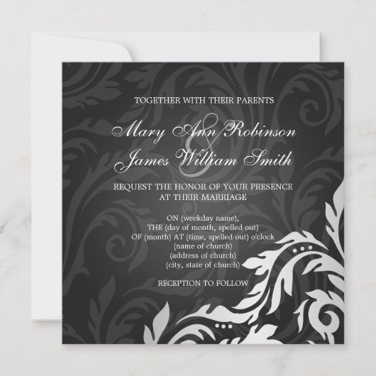 Elegant Wedding Swirly Flourish Black Kaart (Voorkant)