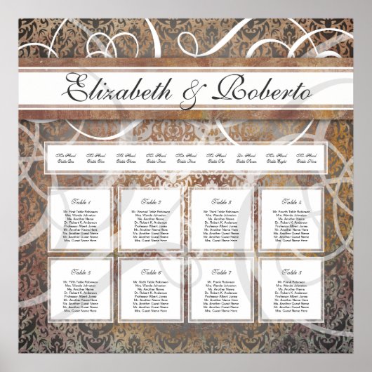 Elegant Wedding Table Seating Chart Tuscan Damask Poster (Voorkant)