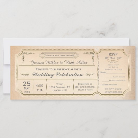 Elegant Wedding Ticket Uitnodiging met RSVP (Voorkant)