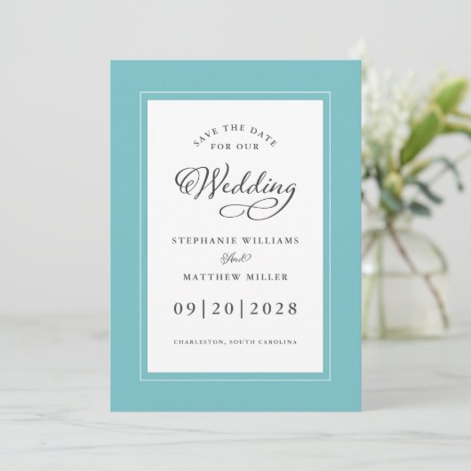 Elegant Wedding Verloving Calligrafie Aqua White Save The Date (Staand voorkant)