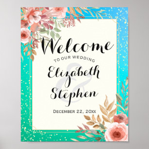 Elegant Wedding Welcome Pink Floral Blauwgroen Gol Poster