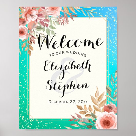 Elegant Wedding Welcome Pink Floral Blauwgroen Gol Poster (Voorkant)