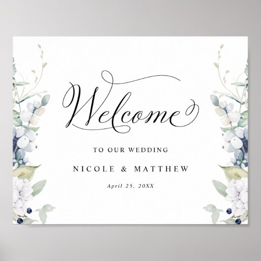 Elegant Wedding Welcome Sign White Blue Floral Poster (Voorkant)