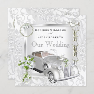 Elegant Wedding White Gold Vintage Car Damask 2 Kaart