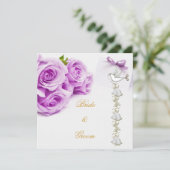 Elegant Wedding White Paarse Rozen Dove Bells Kaart (Staand voorkant)