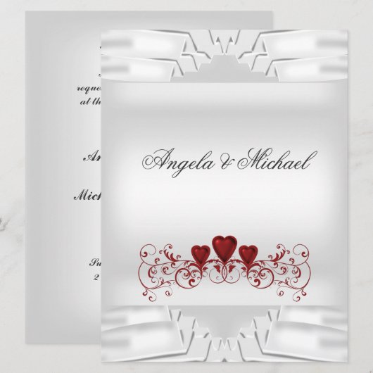 Elegant Wedding White Red Hearts Big Uitnodiging (Voorkant / Achterkant)