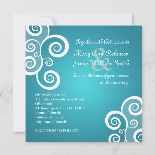 Elegant Wedding White Swirls Blue Kaart (Achterkant)