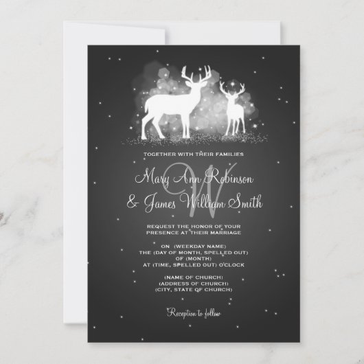 Elegant Wedding Winter Deer Sparkle Black Kaart (Voorkant)