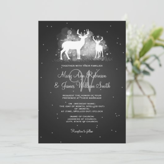 Elegant Wedding Winter Deer Sparkle Black Kaart (Staand voorkant)
