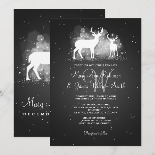 Elegant Wedding Winter Deer Sparkle Black Kaart (Voorkant / Achterkant)