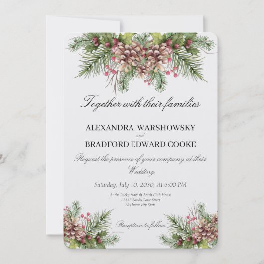 Elegant Wedding Winter Greenery Pinecone Kaart (Voorkant)