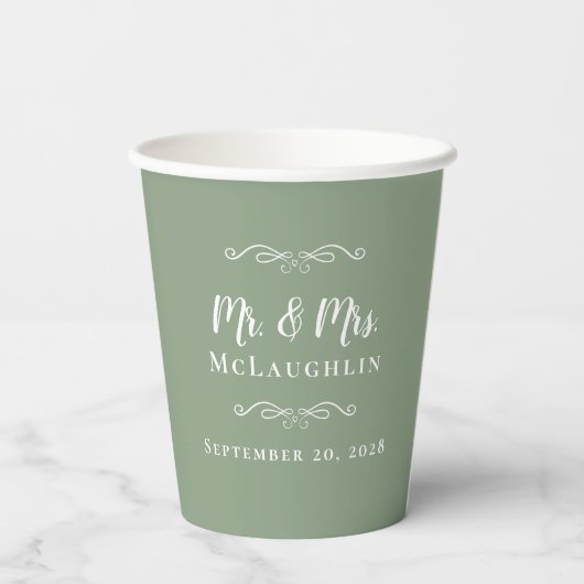 Elegant Weddings Sage Green Mr & Mrs Couple Papieren Bekers (Achterkant)