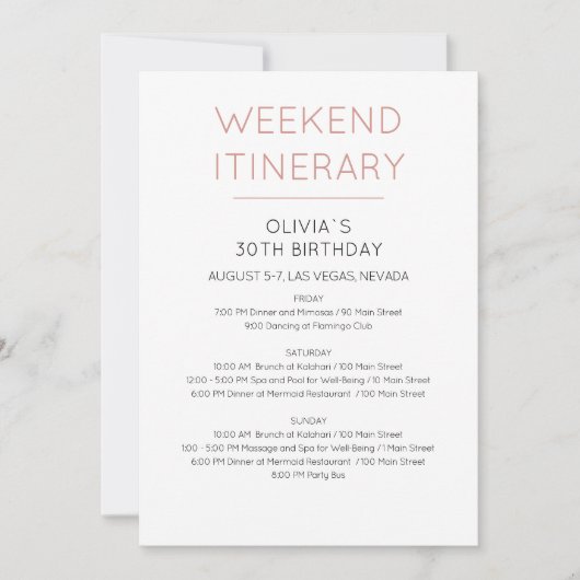 Elegant Weekend Birthday Itinerary Uitnodiging (Voorkant)