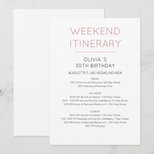 Elegant Weekend Birthday Itinerary Uitnodiging (Voorkant / Achterkant)