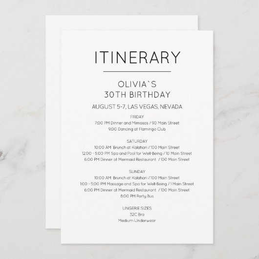 Elegant Weekend Birthday Itinerary Uitnodiging (Voorkant / Achterkant)