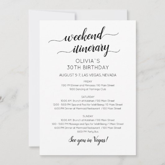 Elegant Weekend Birthday Itinerary Uitnodiging (Voorkant)