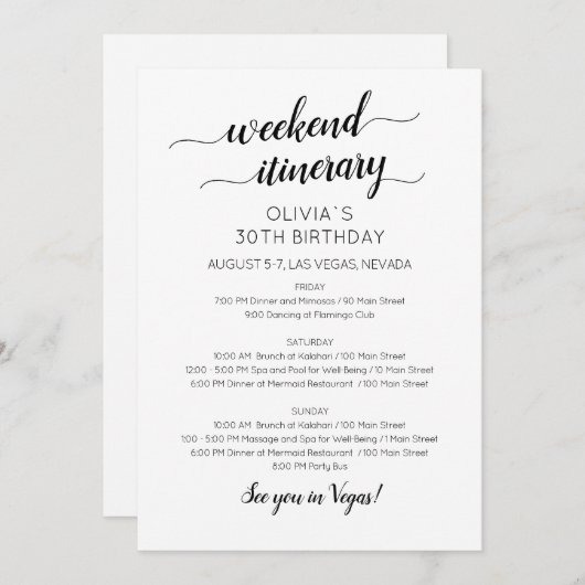 Elegant Weekend Birthday Itinerary Uitnodiging (Voorkant / Achterkant)