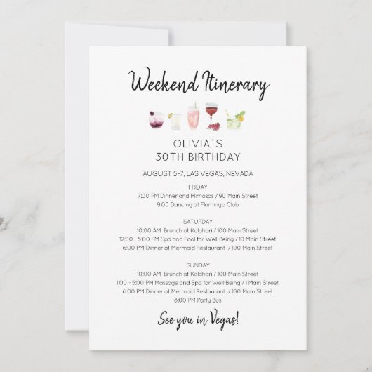 Elegant Weekend Birthday Itinerary Uitnodiging (Voorkant)