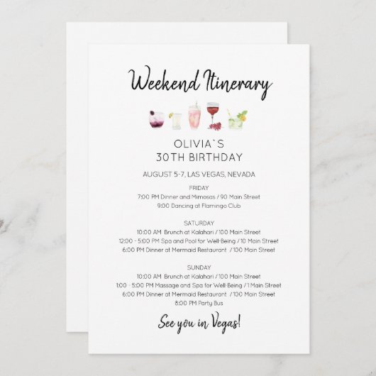 Elegant Weekend Birthday Itinerary Uitnodiging (Voorkant / Achterkant)