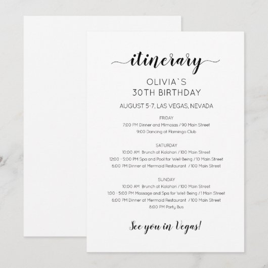 Elegant Weekend Birthday Itinerary Uitnodiging (Voorkant / Achterkant)